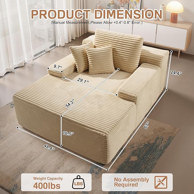Chaise Lounge Chair Indoor, 67" Oversized Comfy Plush Fur Sleeper Sofa Bed, Boneless Upholstered Recliner Bed with Pillows and Wide Armrests, Modern Cloud Couch for Living Room, Beige