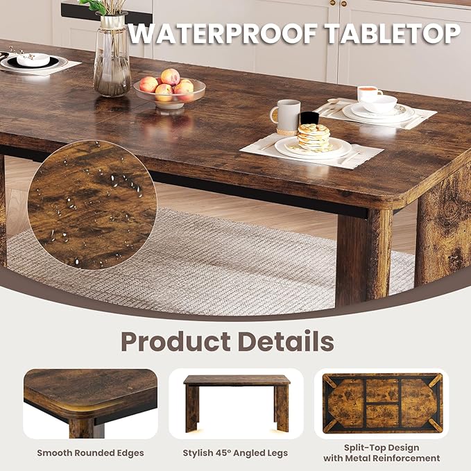 7-Piece Rectangular Dining Table Set for 6, 63" Industrial Kitchen Table with 6 Wooden Upholstered Dinner Chairs for Dining Room, Kitchen, Living Room, Brown+Green