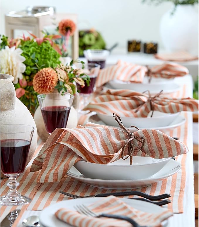 Solino Home Linen Placemats Set of 4 - Amalfi Stripe Pumpkin and Natural Placemats 14 x 19 Inch - 100% Pure Linen Place Mats for Fall, Autumn, Halloween, Thanksgiving