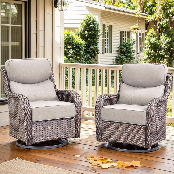 Luxury Outdoor Swivel Rocker Patio Chairs Set of 2, High Back Swivel Patio Chairs with 6-Inch Thick Cushions, Wicker Outdoor Chair for Porch, Patio, Yard, Deck, Poolside, Brown/Beige