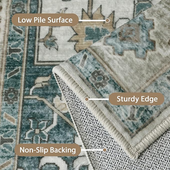 GENIMO 2x10 Runner Rugs for Hallway, Machine Washable Non Slip Vintage Rugs, Low Pile Lightweight Soft Print Rug for enrtyway, Corridor, Home Office, Kitchen,Ash Blue