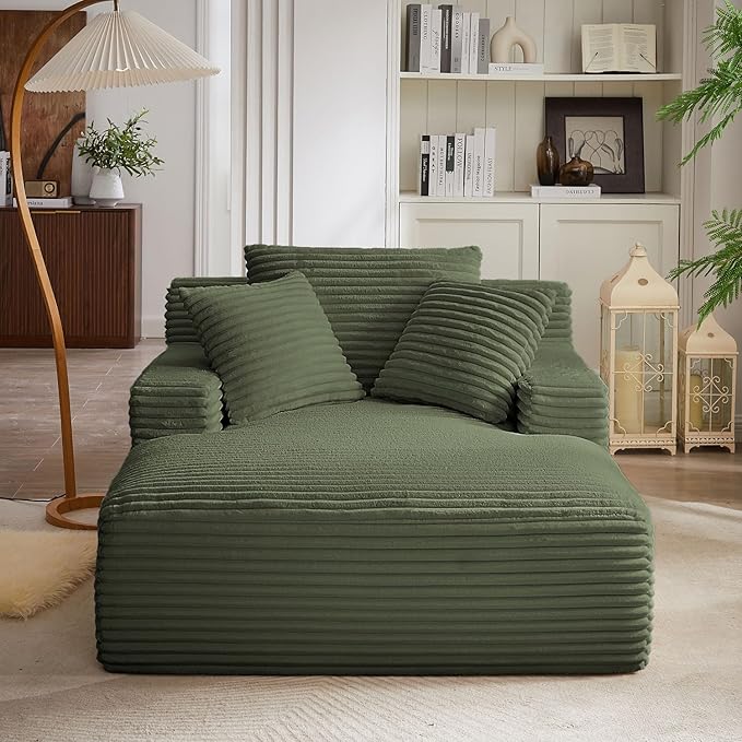 Oversized Chaise Lounge, Corduroy Sofa Bed Chair Indoor with Throw Pillows, Cozy Cloud Couch, Upholstered Sleeper Sofa Couch for Living Room, Bedroom, Apartment, Green
