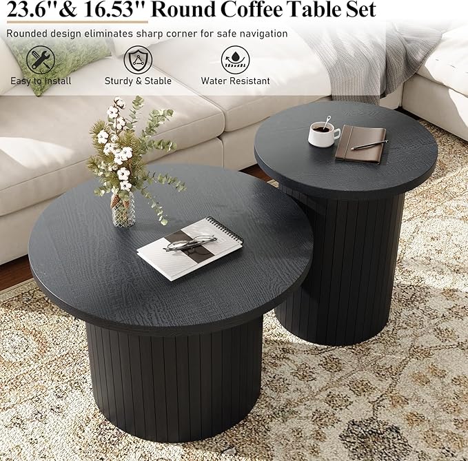 3-Piece Mid Century Modern Living Room Table Set, 70" TV Stand with Tambour Door, Nesting Round Coffee Table Set of 2, Wood Slats Entertainment Center with Storage, Black