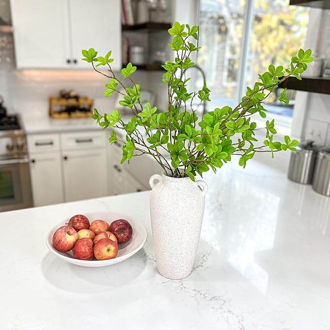 12 Inch Tall White Ceramic Vase, with 5 Branches of 25 Inch Faux Artificial Vibrant Greenery Stems Set, Textured Minimalist Jug, Fake Stem Plants, Decorative Farmhouse, Console Table Centerpiece Decor