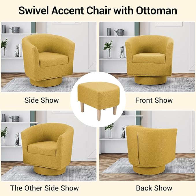 DAZONE Swivel Accent Chair with Ottoman, Modern 360° Barrel Chairs for Living Room, Bedroom, Comfortable Upholstered Club Tub Reading Chair, Yellow