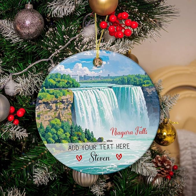 Personalized Niagara Falls Ceramic Christmas Tree Decorations Ornament 2025, USA Canada City Travel Souvenir Xmas Ornaments, Customized Text/Name Niagara Falls New York Ornament Gifts for Men Women