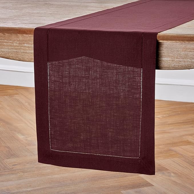 Solino Home Linen Burgundy Table Runner 120 Inches Long - 100% Pure Linen 14 x 120 Inch Table Runner for Fall, Autumn, Thanksgiving, Christmas, Holiday - Classic Hemstitch