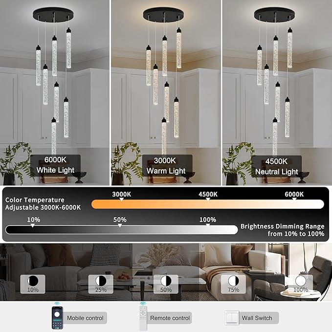 7-Lights High Ceiling Crystal Staircase Chandelier Black Pendant Lights Modern Spiral Raindrop Dimmable LED Bubble Cluster Ceiling Hanging Lighting Fixture for Foyer Living Room Remote Control