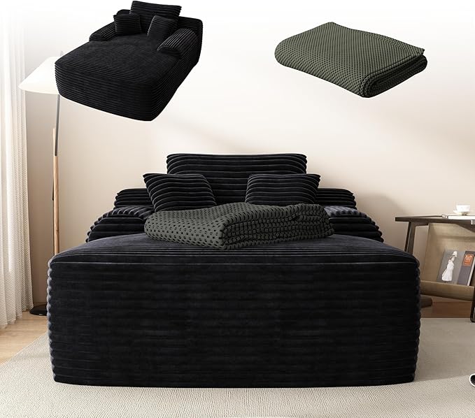 67" Oversized Chaise Lounge Chair with Cover, Comfy Sleeper Sofa Bed, Black Plush Corduory Couch for Living Room,Sofa in A Box,No Assembly Required (Breathable Dark Grey Cover).