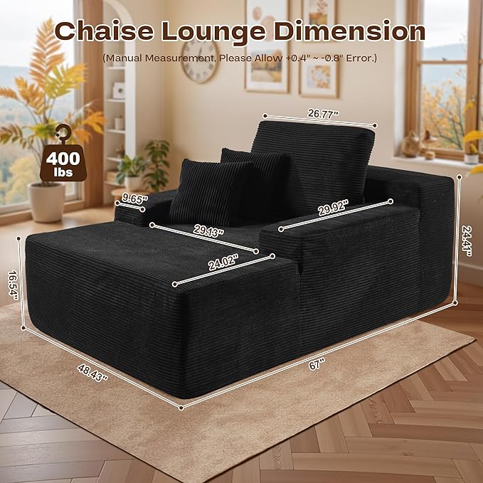 Chaise Lounge Chair Indoor, Oversized Sleeping Couch 67" L * 48.5" W Assembly Free Modern Minimalist Sofa, Extra Deep Large Single Seat Sofa for Living Room (Black Corduroy Fabric)