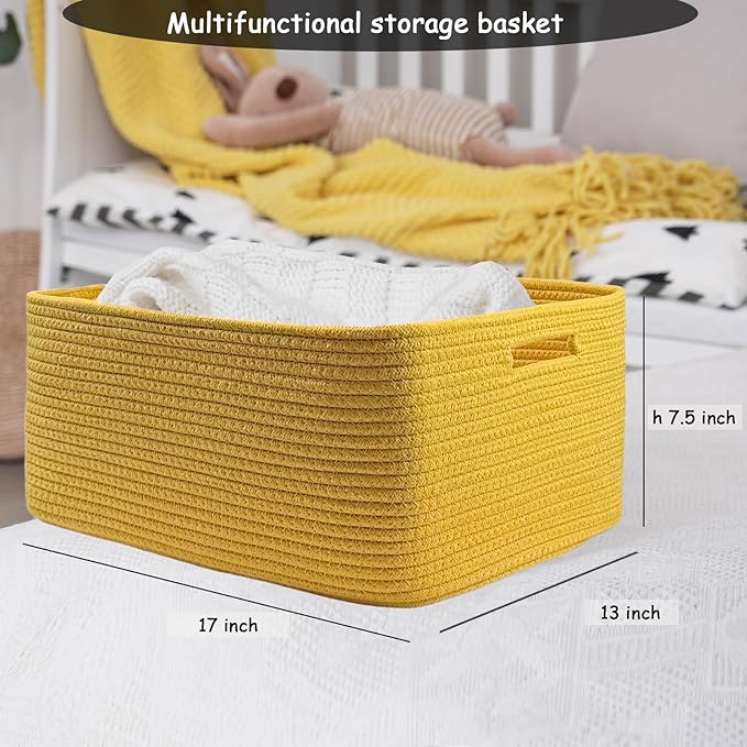 COMFY-HOMI 2 pcs Large Storage Baskets for Shelves, Laundry Basket, Woven Rope Basket, Closet Organizer Bins for Clothes Blanket Towels, Baby Nursery, Gift Toy Baskets, 17” x 13” x 7.5”-yellow