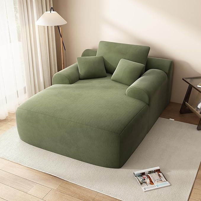 67" Oversized Chaise Lounge Chair with Cover, Comfy Sleeper Sofa Bed, Black Plush Corduory Couch for Living Room,Sofa in A Box,No Assembly Required (Pet Light Green Cover).