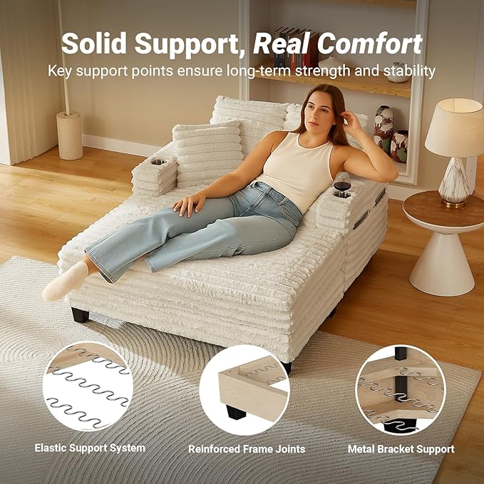 Chaise Lounge Chair Indoor, Amsleekey 64" Oversized Sleeper Chair with Wood Frame, Upholstered Sofa Bed for Living Room, Movie Room, Bedroom with 4 Storage Pockets&2 Cup Holders(Plush Corduroy, Beige)