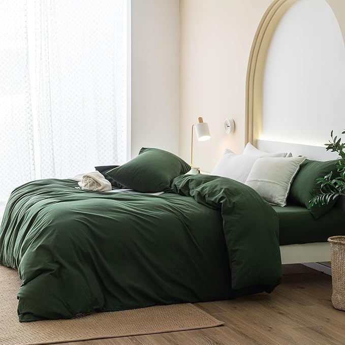 JIYUAN 100% Washed Cotton Duvet Cover Set 3 PCS Oversized King Plus, 1 Duvet Cover 128"x120"(Comforter Not Included) and 2 Pillowcases,Linen Feel Bedding Set Comfy and Breathable,Forest Green