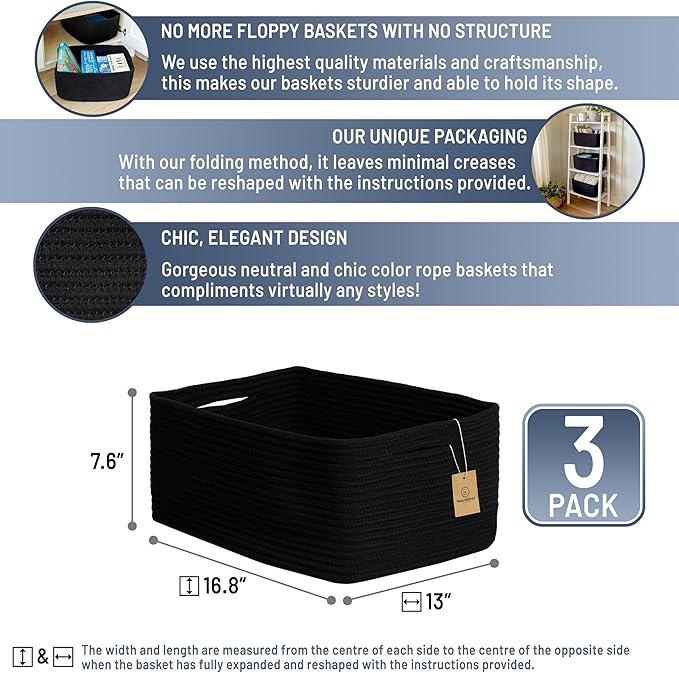 NaturalCozy Storage Baskets 16.8”x13”x7.6” Cotton Rope Woven Baskets for Organizing 3-Pack | Toy Storage Bins | Basket for Shelves, Laundry, Blanket, Clothes, Closet, Kitchen, Bathroom, Gifts