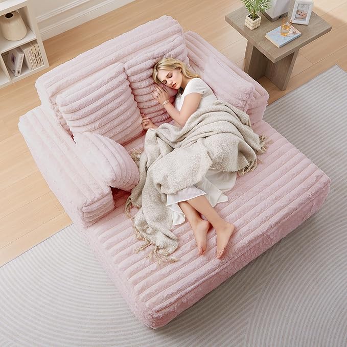 56"W Oversized Chaise Lounge Chair Indoor,Plush Faux Fur Sleeper Sofa Couch Bed with Pillows&Wide Armrest,Fluffy Comfy Cloud Sofa,Compression Foam Boneless Couch for Living Room,Bedroom(Pink)