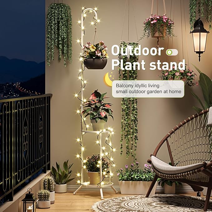 Plant Stand with Hooks Indoor Outdoor Corner Tall Plant Stand Heavy-Duty Metal 3-Tier Plant Shelf Holder Rack for Patio Garden Balcony Living Room Bedroom(semicircular White)