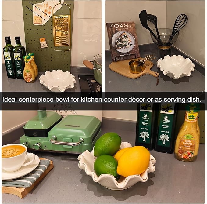 Small White Lotus Ceramic Decorative Bowl,Ruffle Lotus Leaf Decor Bowl with Gold Trim for Coffee Table Counter,Beautifully Catch All Bowl for Keys Coins near Entryways,Capacity about 2 Cups