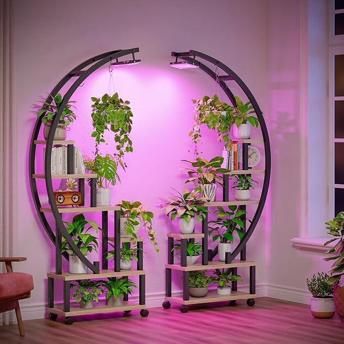 Bestier Plant Stand Indoor with Grow Lights, 6 Tiered Metal Plant Shelf with Wheels for Plants Multiple, Half-Moon Shape Plant Rack Display Shelf, Large Plant Holder for Home, Patio, Balcony (2 Pcs, Oak)