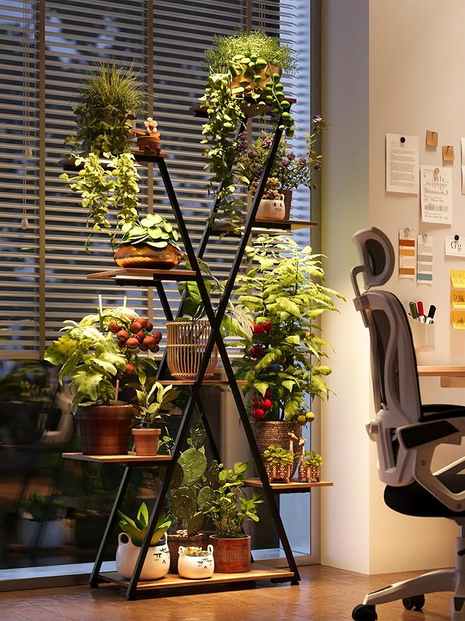 Lighted Plant Stand with Grow Lights – Tall Large Tiered Metal Corner Shelf Rack for Multiple Indoor Living Room Flower