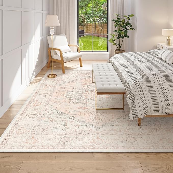 LIVEBOX Washable 9x12 Area Rug, Large Rugs for Living Room Boho Soft Non-Slip Rugs, Pink Low-Pile Vintage Medallion Rug, Retro Non-Shedding Indoor Carpet for Dining Room Bedroom Office