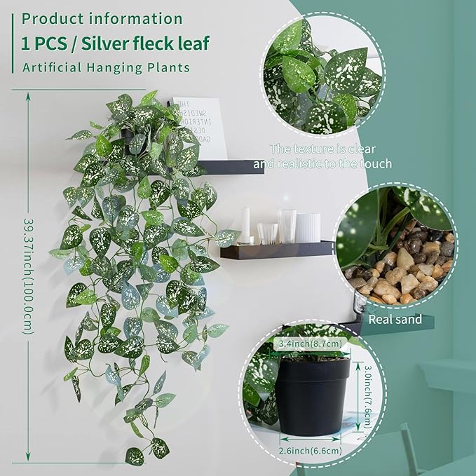 LOYWREE 2 Pack 39-in Long Fake Hanging Plant with Pot Faux Pothos Artificial Potted Plants Small Faux Ivy Vine Plant for Indoor Outdoor Aesthetic Office Living Room Shelf Decor (Black Pot)