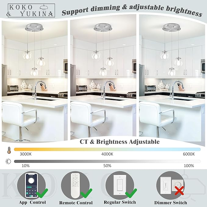 KoKo&Yukina 3-Light Globe Glass Pendant Light Modern Nickel Clear Globe Glass Chandelier Adjustable Length Pendant Lights Fixtures High Ceiling Light for Kitchen Island Foyer (Bulb & Remote Incl.)