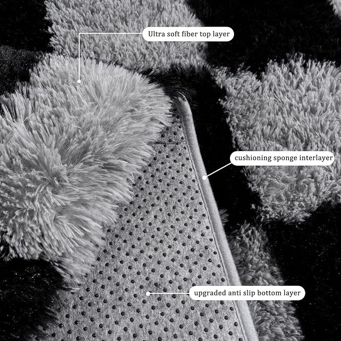 Checkered Rug for Living Room 8x10, Ultra Fluffy Fuzzy Shag Black and Grey Large Area Rug for Bedroom, Modern Plush Soft Upgrade Non-Slip Carpet for Kids Girls and Boys Room Dorm Home Decor