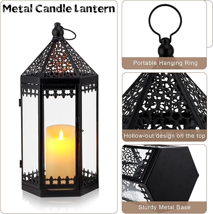 TRIROCKS Set of 2 Deacorative Candle Lantern 16'' & 12'' High Metal Candle Holder Hanging Lanterns with Tempered Glass Perfect for Indoor Outdoor Home Decor Parties Garden Events Wedding (Black)
