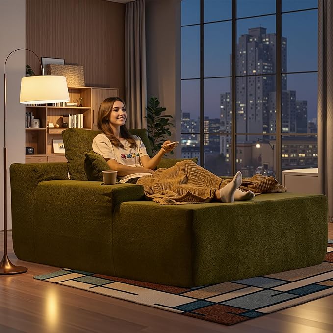 Chaise Lounge Chair Indoor, 67" Oversized Comfy Cloud Velvet Sleeper Sofa Bed with Cup Holders and Wide Armrests, Boneless Upholstered Recliner Bed, Modern Cloud Couch for Living Room, Green
