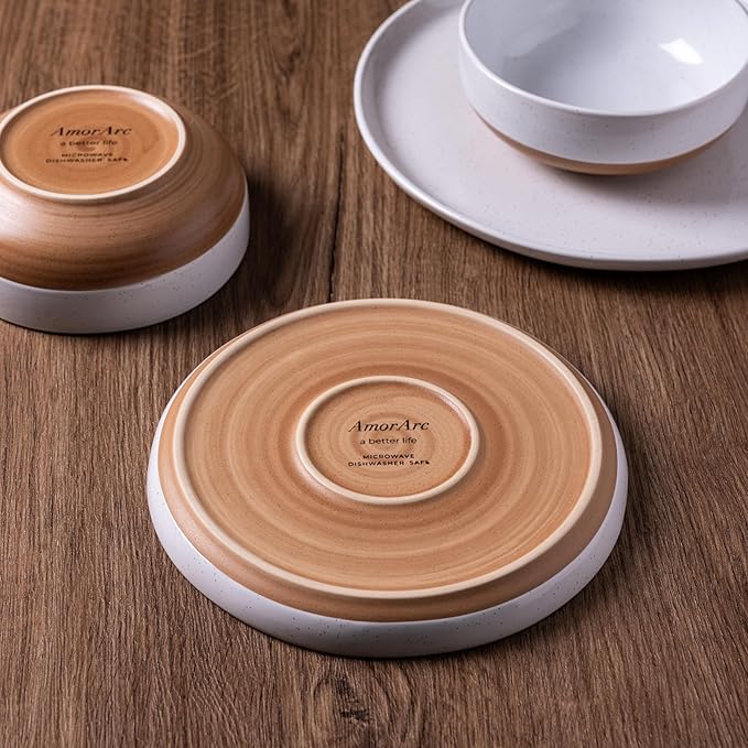 AmorArc 16 Pieces Ceramic Dinnerware Sets for 4, Handpainted Plates and Bowls Set with Rustic Terracotta Underside, Scratch Resistant Stoneware Dishes Set, Dishwasher & Microwave Safe, White