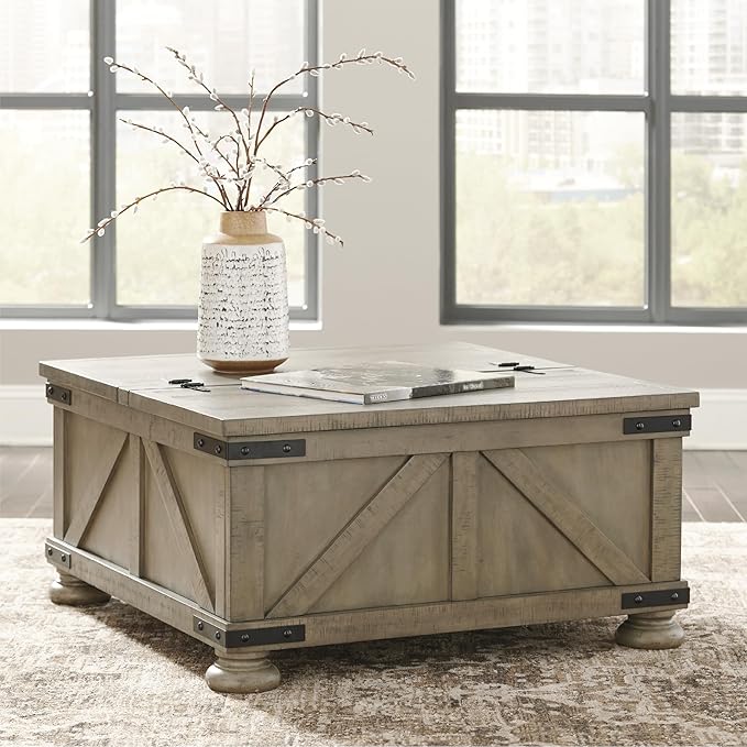 Signature Design by Ashley Aldwin Farmhouse Square Coffee Table with Lift Top for Storage, Grayish Brown