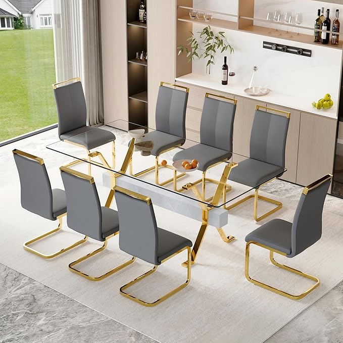 9 Piece Glass Dining Table Set, 79" Modern Dining Table Set for 8, 0.5" Thick Tempered Glass Tabletop with Silver Chrome Metal Legs and Grey Crossbar, 8 PU Chairs for Dining Room, Kitchen