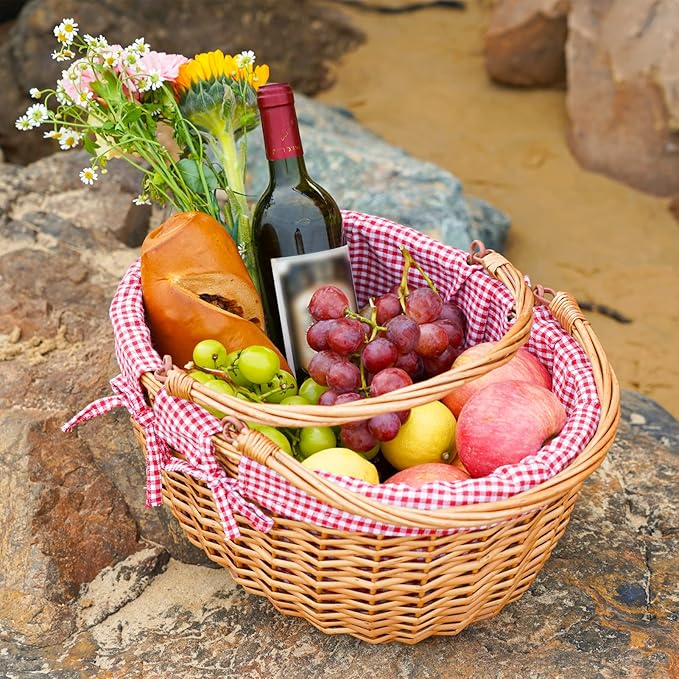 G GOOD GAIN Wicker Picnic Basket with Double Folding Handles,Willow Picnic Hamper,Natural Hand Woven Easter Basket,Easter Eggs and Candy Basket,Bath Toy and Kids Toy Storage,Gift Packing Basket.Red