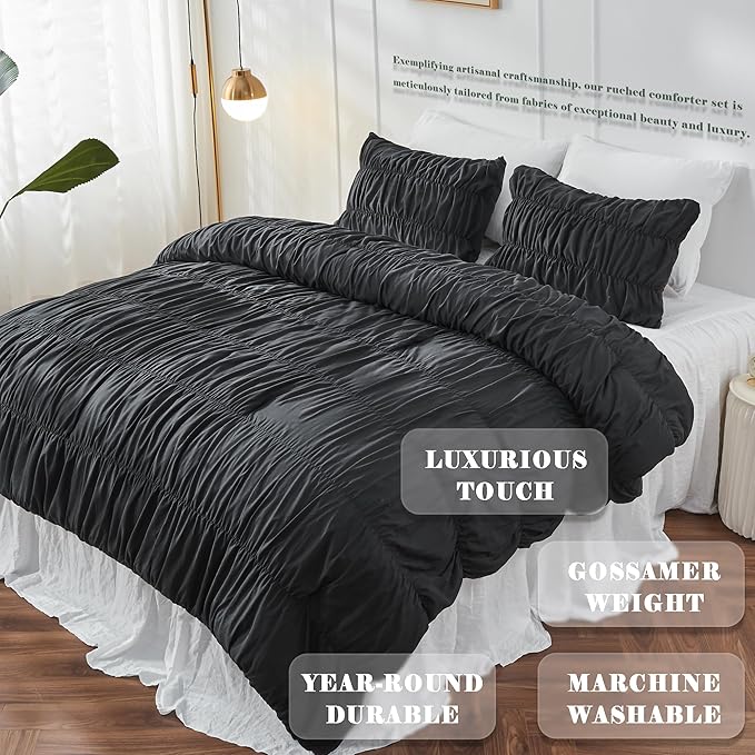Bonlino King Size Comforter Set - Ruched Black Comforter King Bed Set Boho Shabby Chic Bedding - Fluffy 3 Piece Ruffle Comforter Set with Pillow - Soft and Luxury
