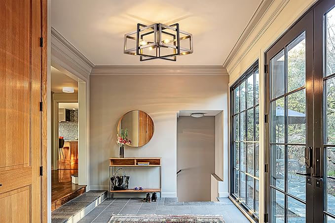 TOCHIC Flush Mount Ceiling Light, Black and Brushed Nickel Farmhouse Flush Mount Chandelier 4 Lights Industrial Metal Light Fixture for Dining Room, Living Room, Kitchen, Foyer, Hallway, Bedroom