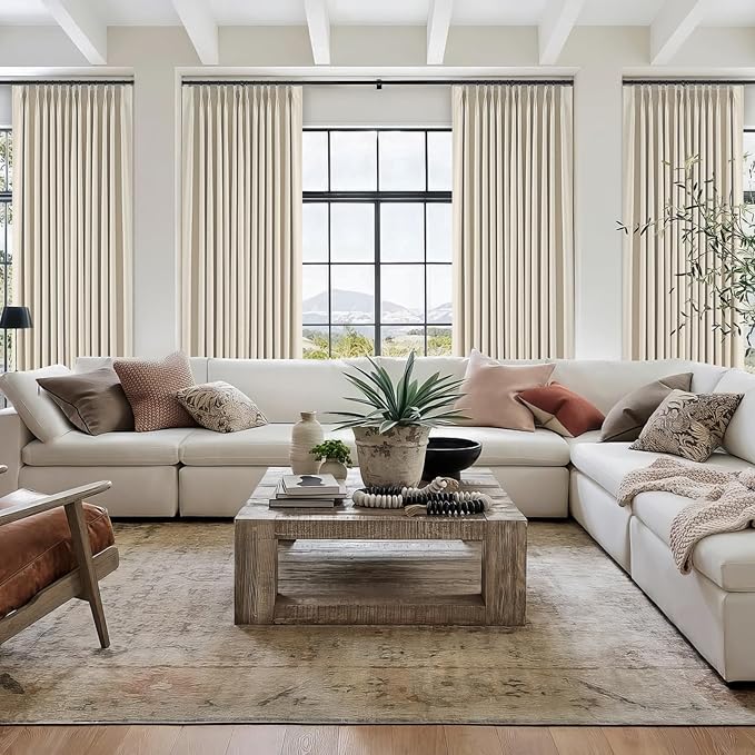 Topfinel 120 Inch Long Extra Long Pinch Pleat Linen Curtains for Living Room,Neutral Beige Cream 100 Percent Blackout Floor to Ceiling Farmhouse Sound Absorbing Drapes 2 Panels for Track System 10 FT