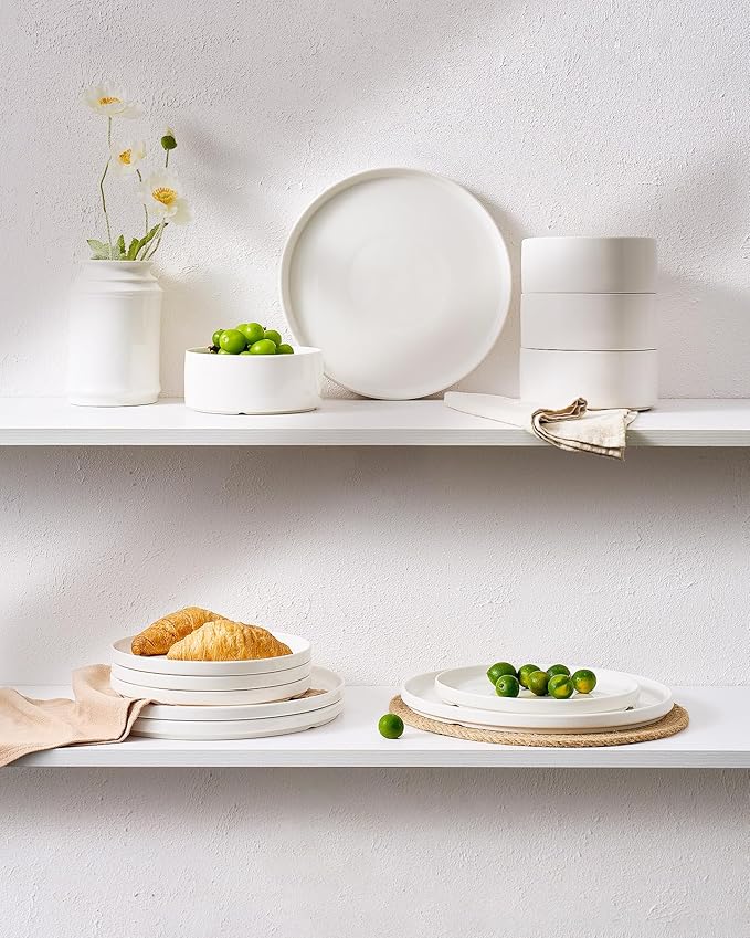 Famiware Porcelain Dinnerware Set, 24-Piece Modern Plate and Bowl Set, dish set for 8, Microwave and Dishwasher Safe Tableware, White