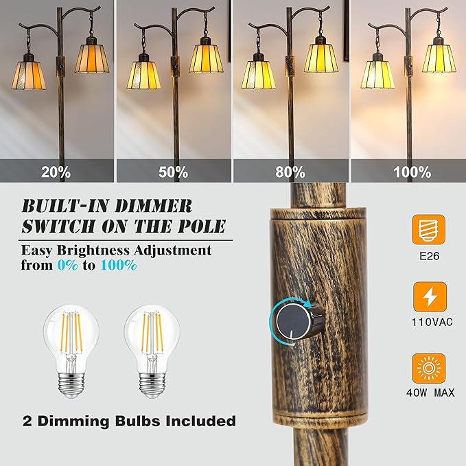 Vintage Dimmable Floor Lamp, Tiffany Standing Lamp with 2 Stained Glass Shades, Rustic Farmhouse Floor Lamp with Bronze Finish for Living Room Bedroom