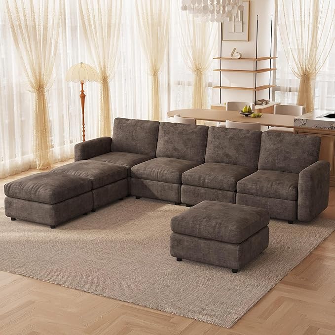 Modular Sectional Sofa Couch with Ottoman Storage, 7-Seater Convertible Sleeper Sofas for Living Room Bedroom Apartment, Comfy Brown Cloud Couches Furniture Set