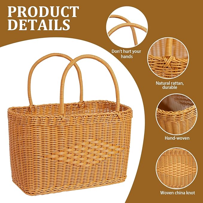 Big Picnic Basket-40cm Diameter with Handles Handmade Plastic Rattan Woven Basket Multifunctional Woven Storage Basket, Storage Basket for Camping,Shopping, Market, Birthday, Wedding,Picnic, Party