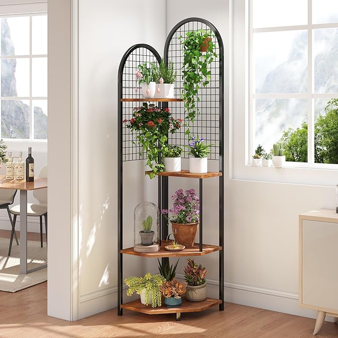 4-Tier Plant Stand with Grow Lights, 63in Tall Corner Shelf for Indoor Plant, 3-Color Adjustable Full-Spectrum Light, Multifunctional Flower Display Rack for Living Room, Patio, Hallway, Black