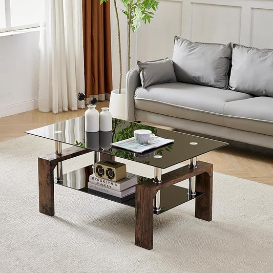 Living Room Rectangle Coffee Table, Tea Table Suitable for Waiting Room, Modern Side Coffee Table with Wooden Leg, Glass Tabletop with Lower Shelf.(Black Brown)