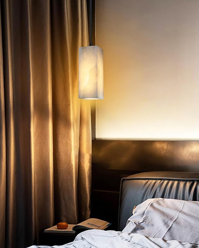 3 Pack 1 Light Square Cylinder Natural Alabaster Marble Modern Industrial Farmhouse Hanging Kitchen Island Pendant Ceiling Light Fixture,Black Finish Over Sink Restaurant bar Corridor