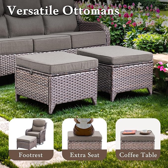 Luxury High Back Outdoor Furniture with 6-inch Extra Thick Cushions, Patio Furniture Set with Swivel Chairs, 4 PCS Wicker Conversation Set for Yard, Deck, Poolside, Brown/Grey