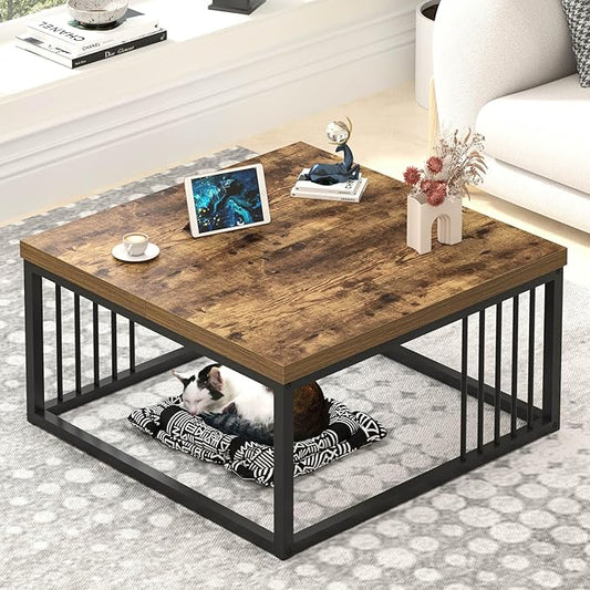 FOLUBAN Modern Coffee Table, Square Center Table for Living Room, Industrial Rustic Wood and Metal Cocktail Tea Table, 31.5 Inch, Brown