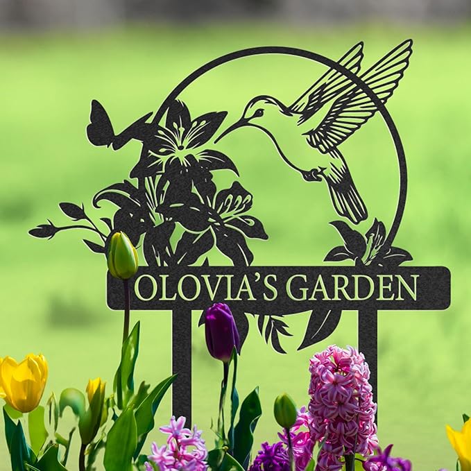 Personalized Metal Garden Sign, Custom Name Stake Decor, Hummingbird Yard Art, Outdoor Gardening Metal Decor, Home Garden Stake, Gifts for Gardeners