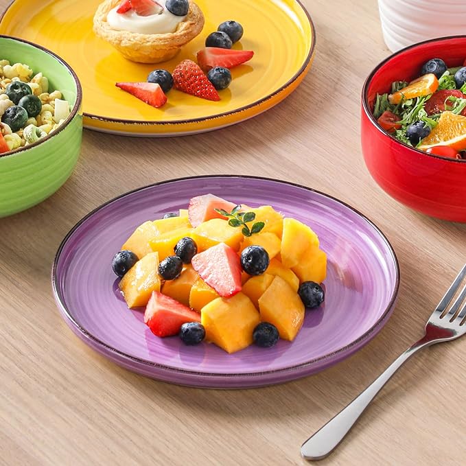 vancasso Bonita Stoneware Dinnerware Sets, 12 Pieces Dishes Set，Polished Round Plates and Bowls Set for 4, Dishwasher and Microwave Safe, Multicolor