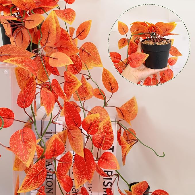3 Pack Artificial Fall Plants Hanging Orange Vines Potted Fall Foliage Fake Pothos Trailing Plant Autumn Decoration for Indoor Outdoor Thanksgiving Bathroom Wall Kitchen Room Shelf Decor (Black Pot)