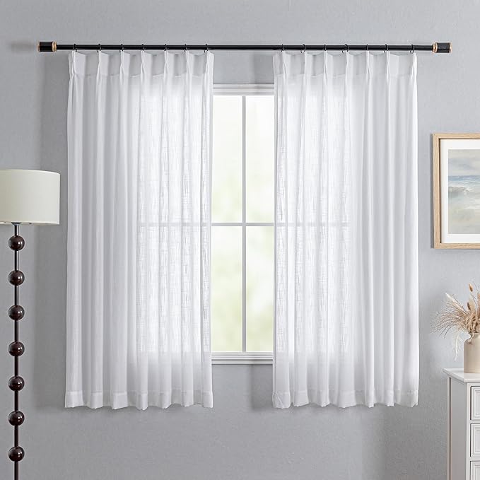 MYSKY HOME White Sheer Curtains 63 Inch for Bedroom Short Pinch Pleated Semi Sheer Curtains, Linen Look Curtain Drapes Cotton Polyester Blend Light Filtering Window Curtain Panels 40W x 63L, 2 Pieces